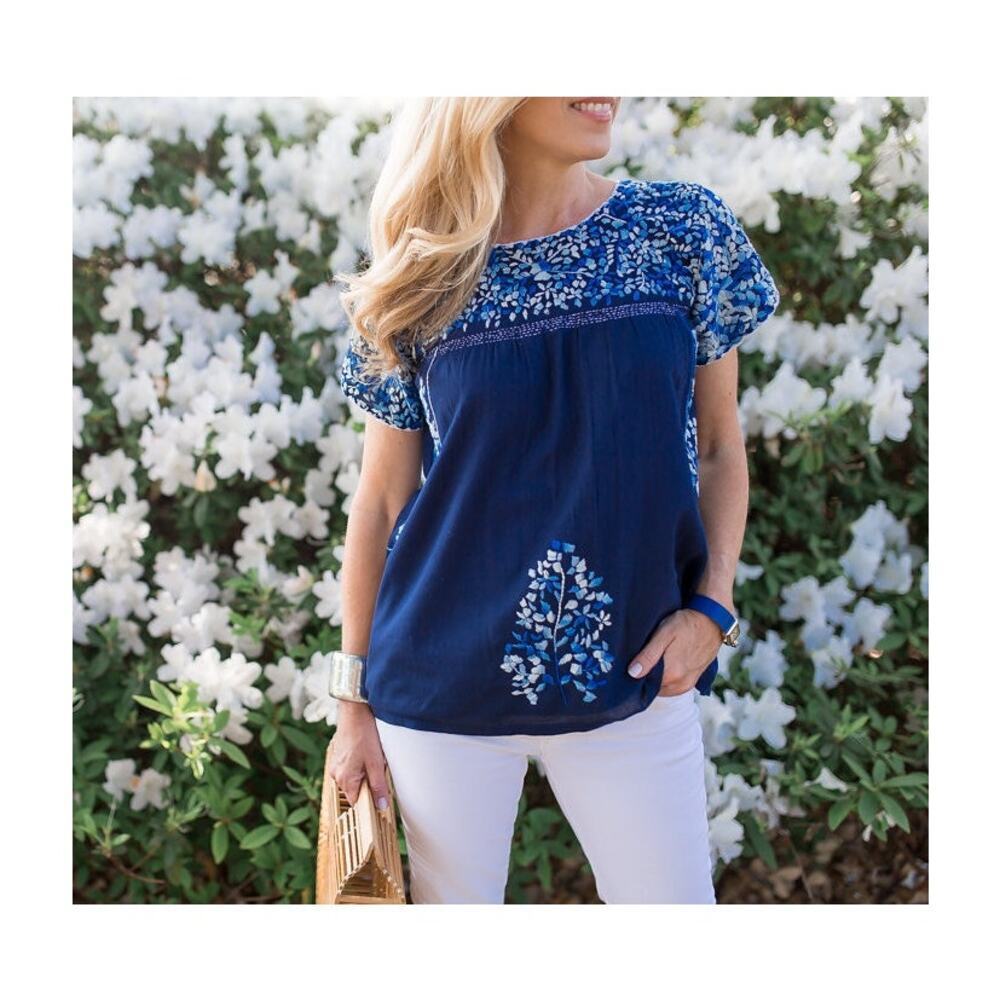 Roberta Roller Rabbit Mamie Embroidered Oaxacan Style Blue Blouse Top XS